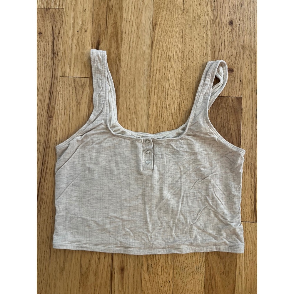 Auden Women Oatmeal Heather Ribbed Henley Crop Tank Top Size M Sleeveless Scoop